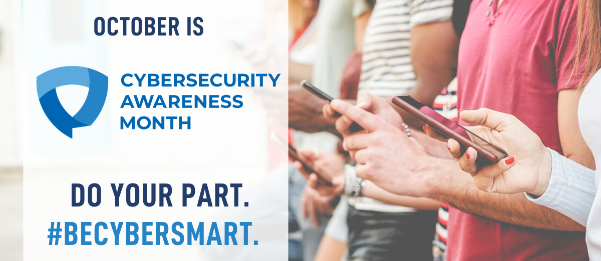 image with people looking at phones promoting National Cyber Security Awareness Month