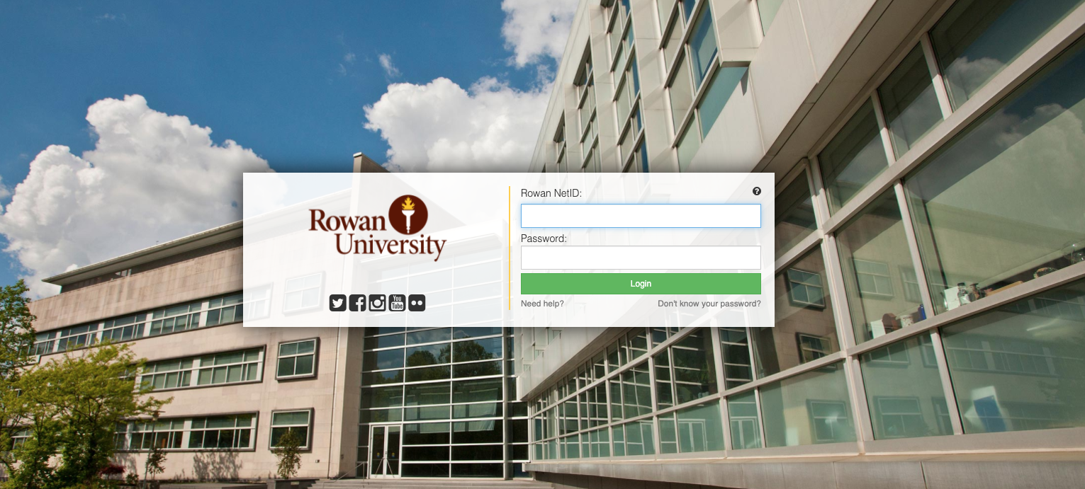 screenshot of the single sign-on system at Rowan University