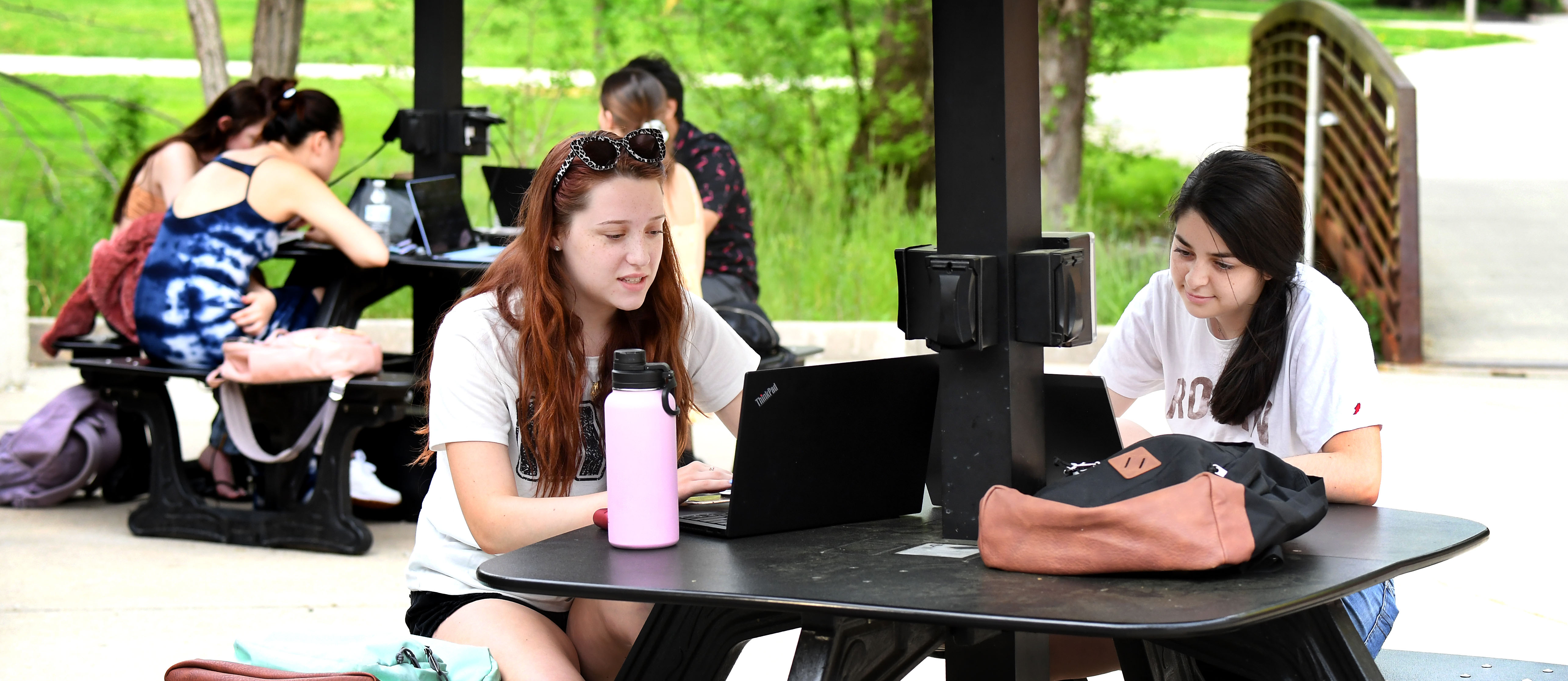 students on laptops outside