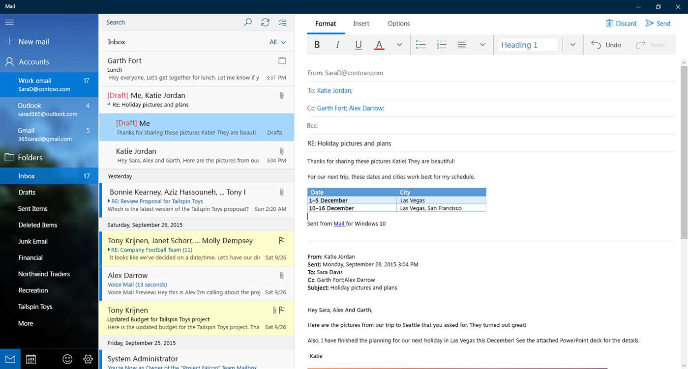 screenshot of windows mail app